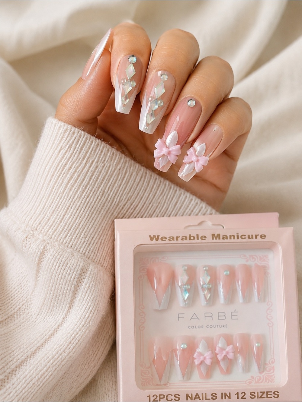FARBÉ Pink French Tip Press-On Nails 3D Bows Rhinestones 12pc Set